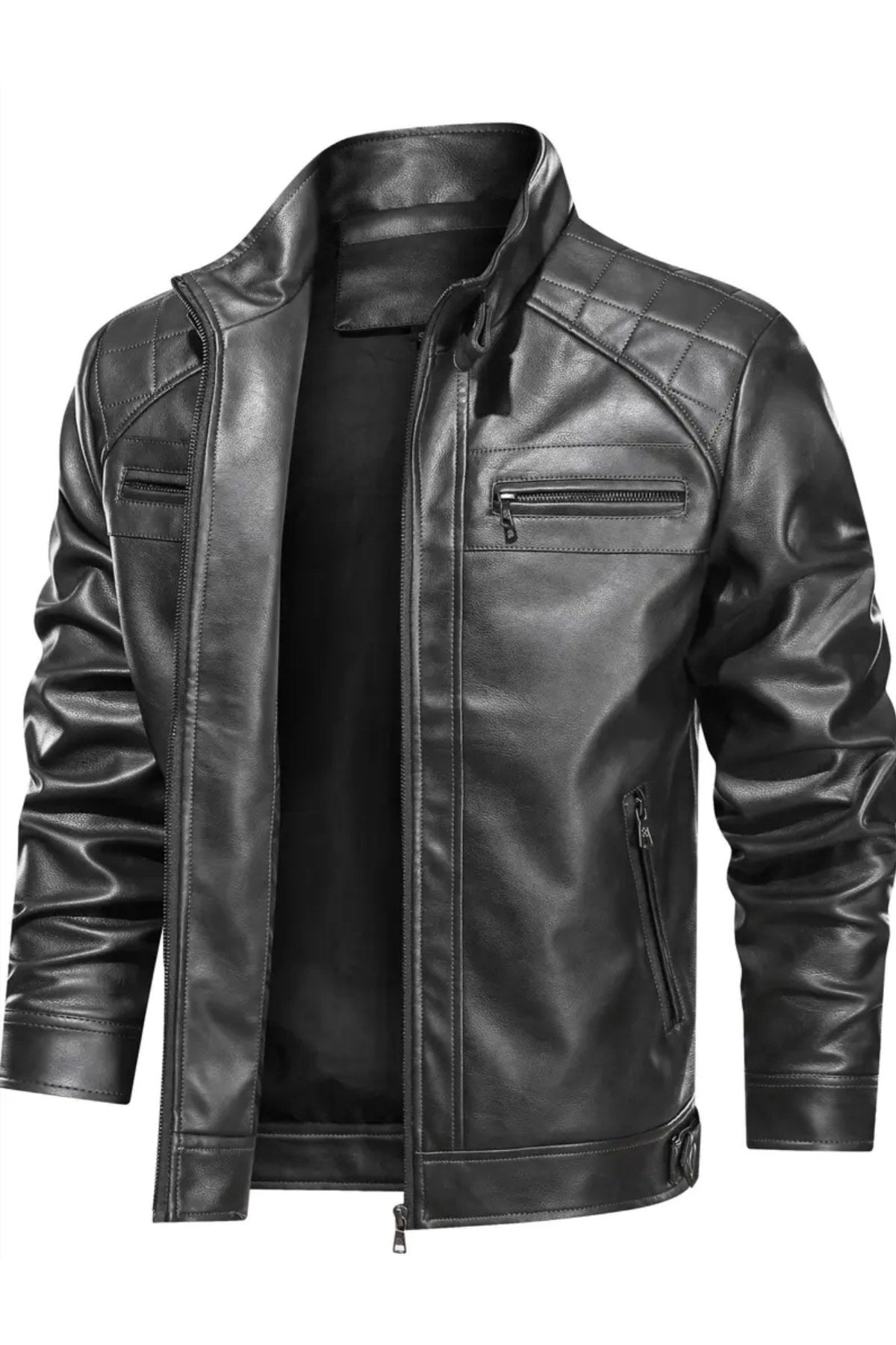 Omuzları Kapitone Dikiş Detaylı Hakim Yaka Hakiki Deri Mont