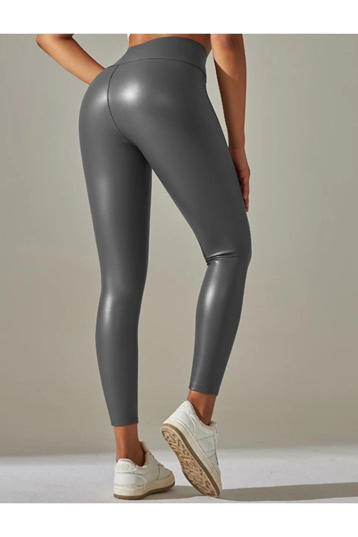 PU Deri Tayt Yüksek Bel koyu gri