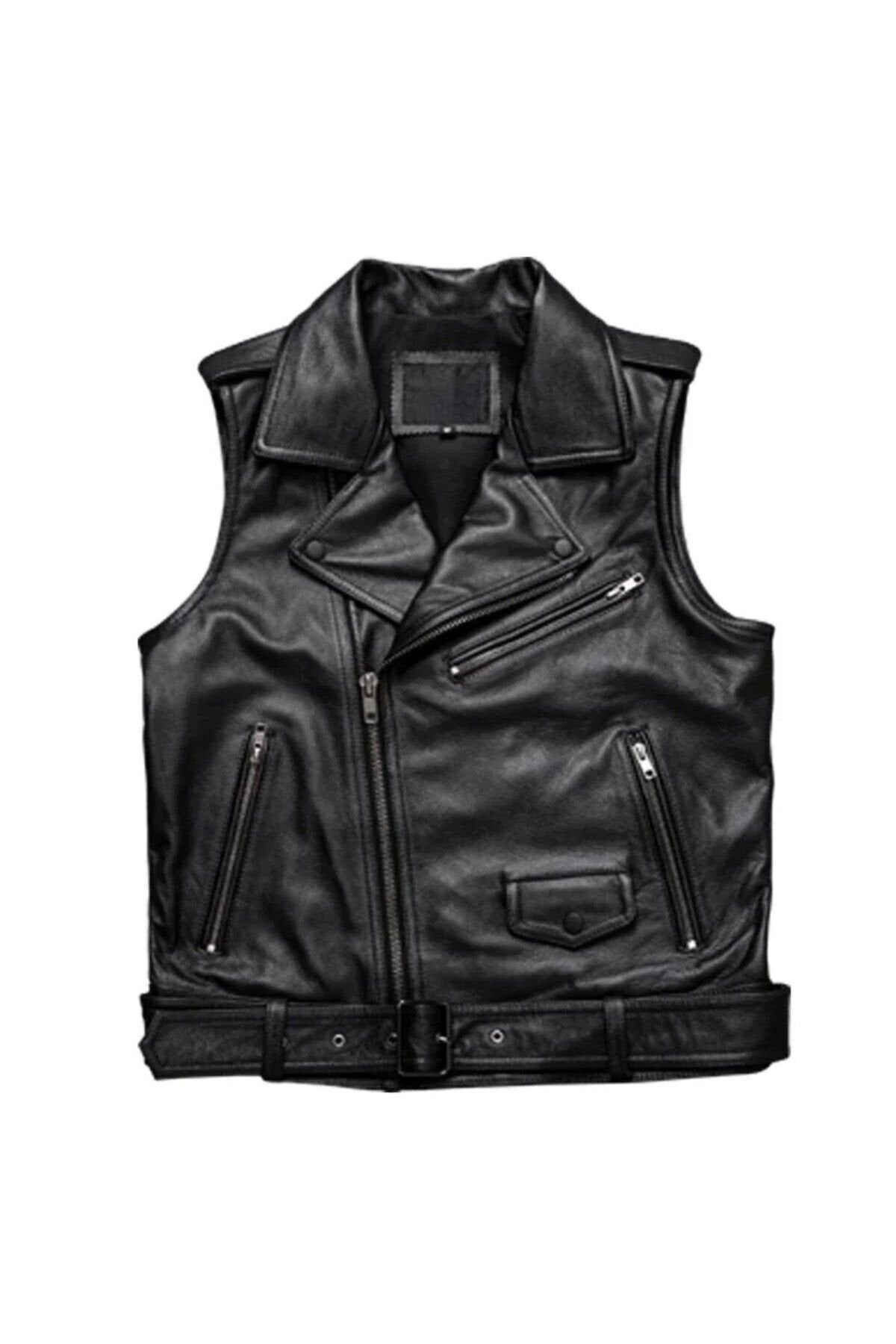 Kuzu derisi motorcu tarzı biker yelek siyah renk