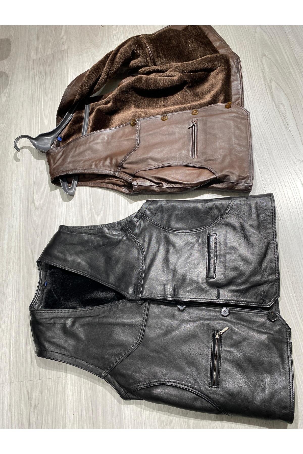 Kürklü Rahat Kesim Uzun Yelek 6 Cepli Hakiki Koyun Derisi