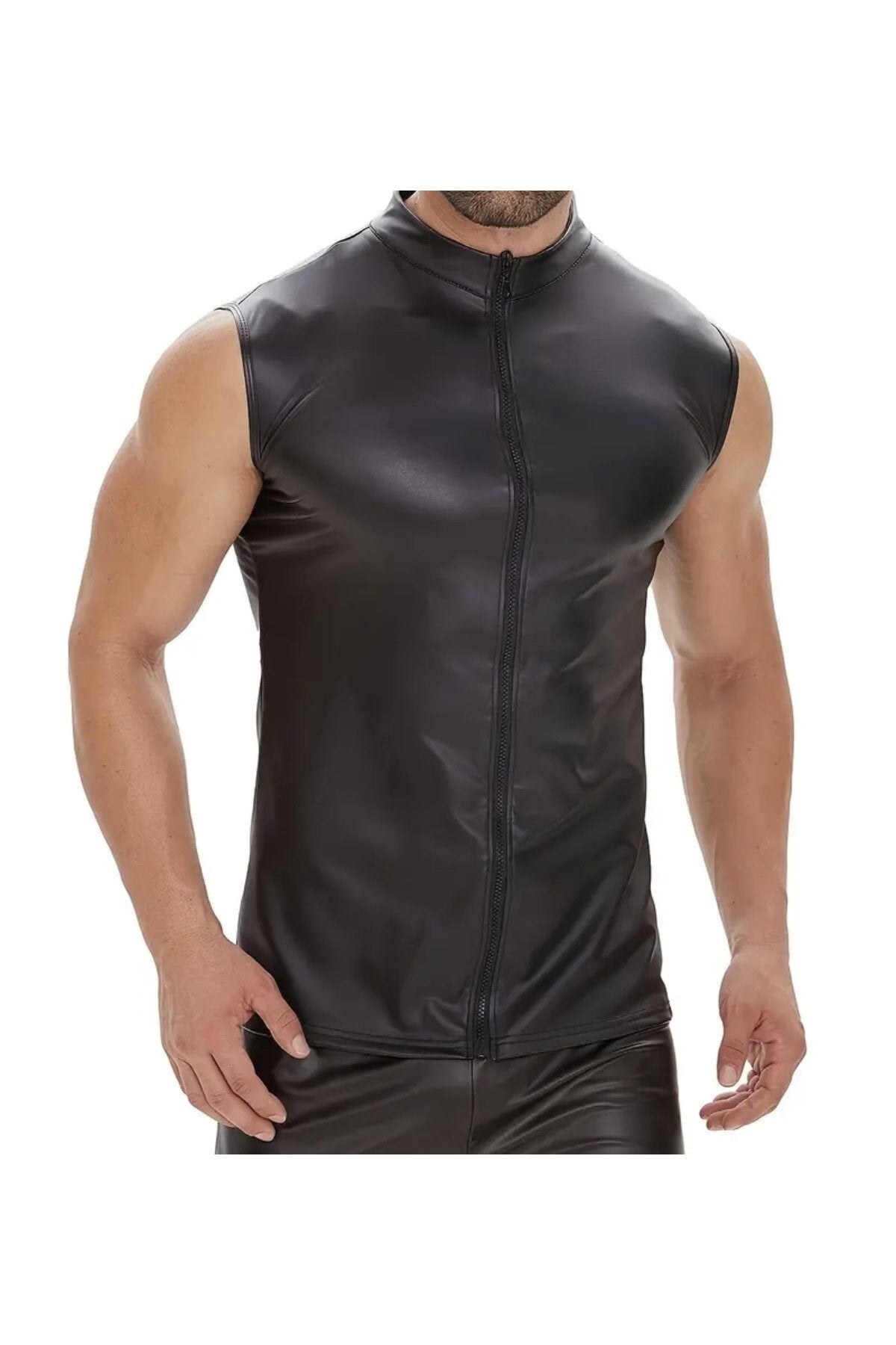 Deri Dik Yaka Sıfır kollu yelek