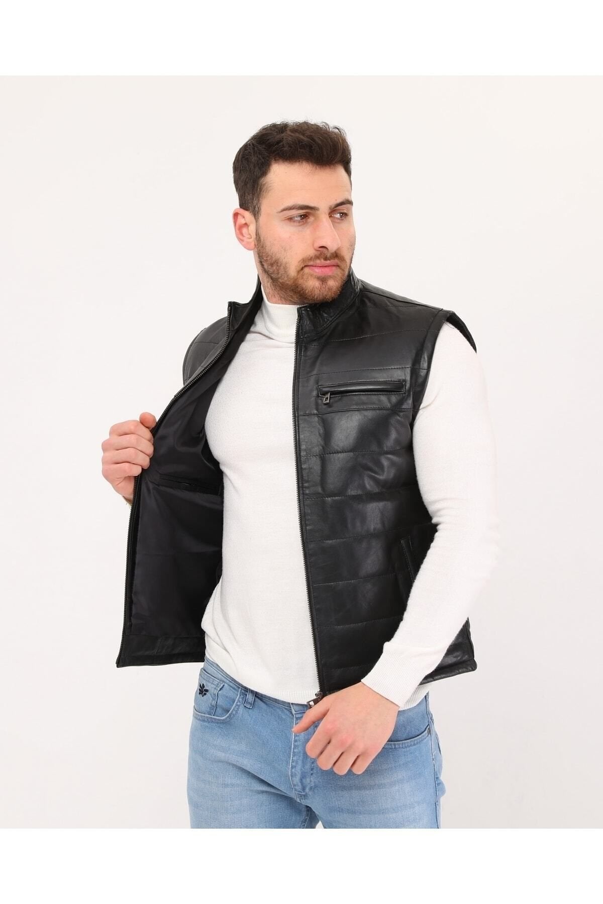 Hakiki Deri Şişme Yelek Hakim Yaka Siyah Renk