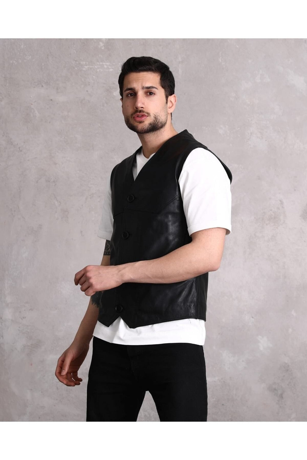 Hakiki Deri Yandan Cepli Siyah Erkek Yelek