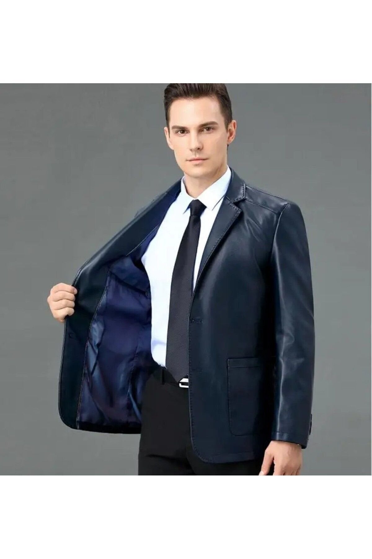 Hakiki deri ince kesit blazer klasik ceket