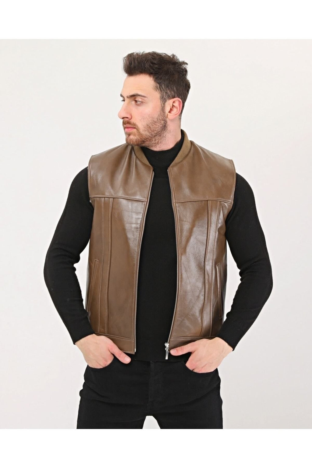 Hakiki Deri Bisiklet Yaka Içi Kürklü Yelek Kahve Renk
