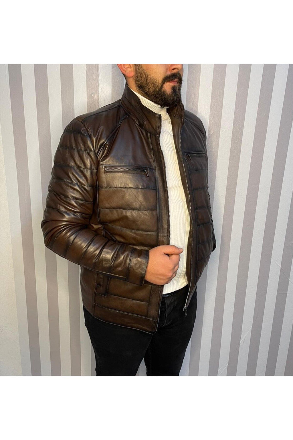 Şişme Hakiki Deri Mont Karartmalı Kahve