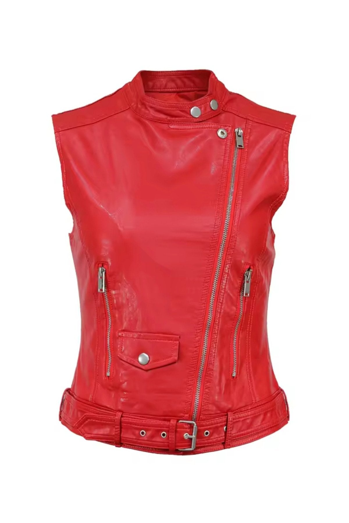 Hakiki kuzu derisi Kadın Motorcu Tarzı Biker Yelek