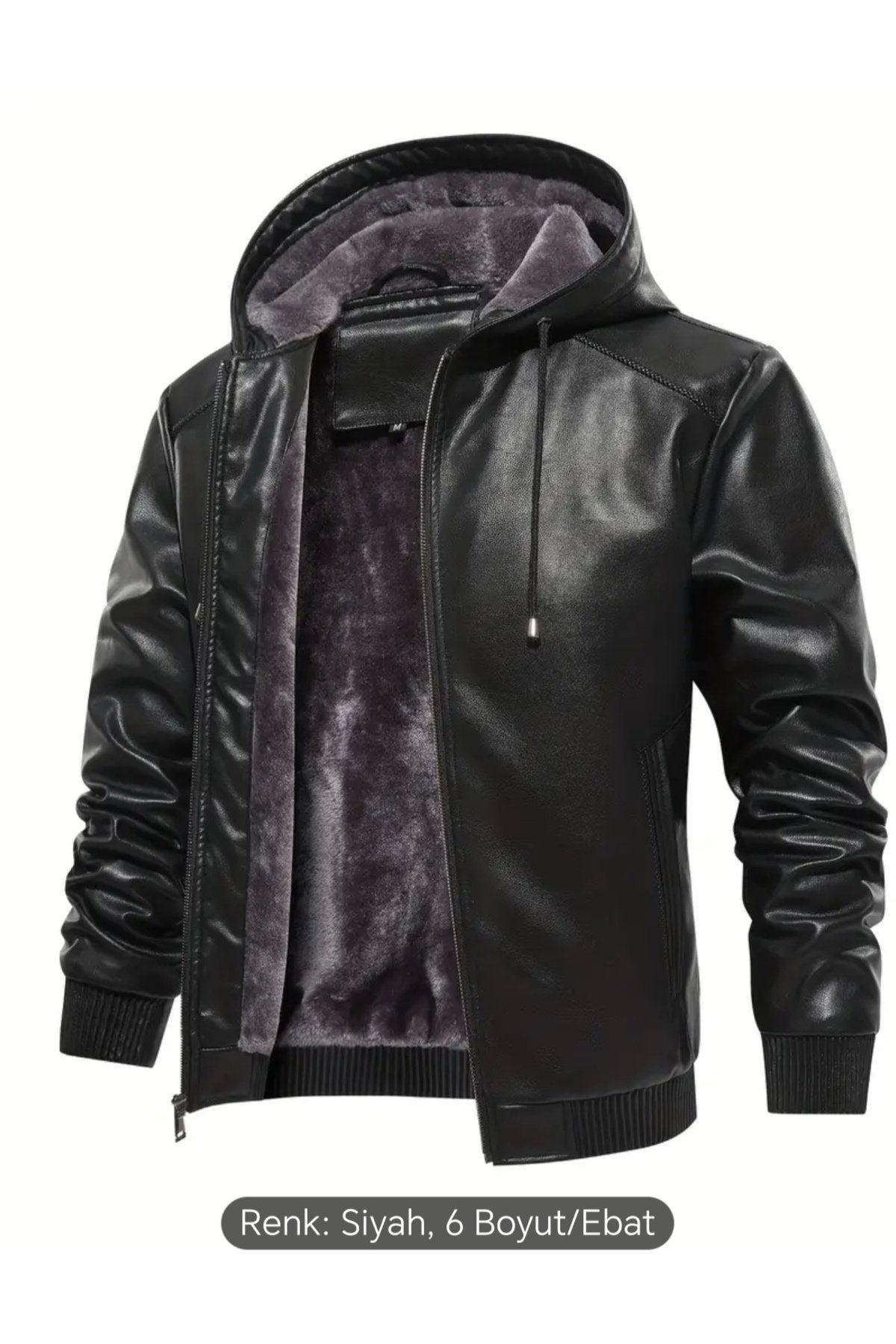 İç Kısmı Tüylü Hakiki Deri Kapüşonlu Mont