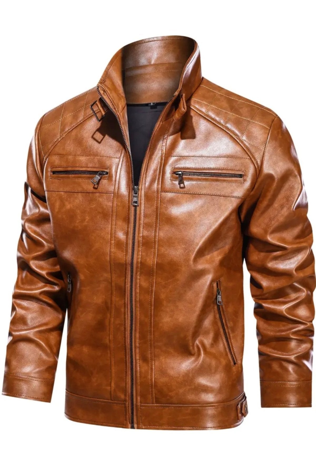 Omuzları Kapitone Dikiş Detaylı Hakim Yaka Hakiki Deri Mont