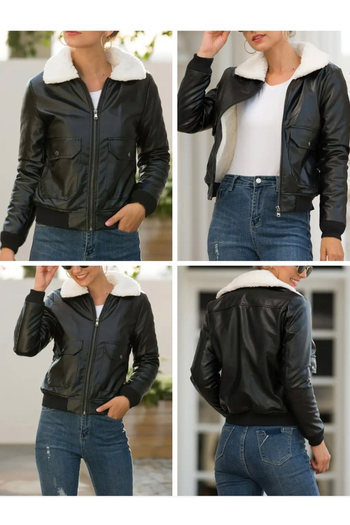 Hakiki Kuzu Derisi Yakası ve İçi Beyaz Kürk Kadın Mont