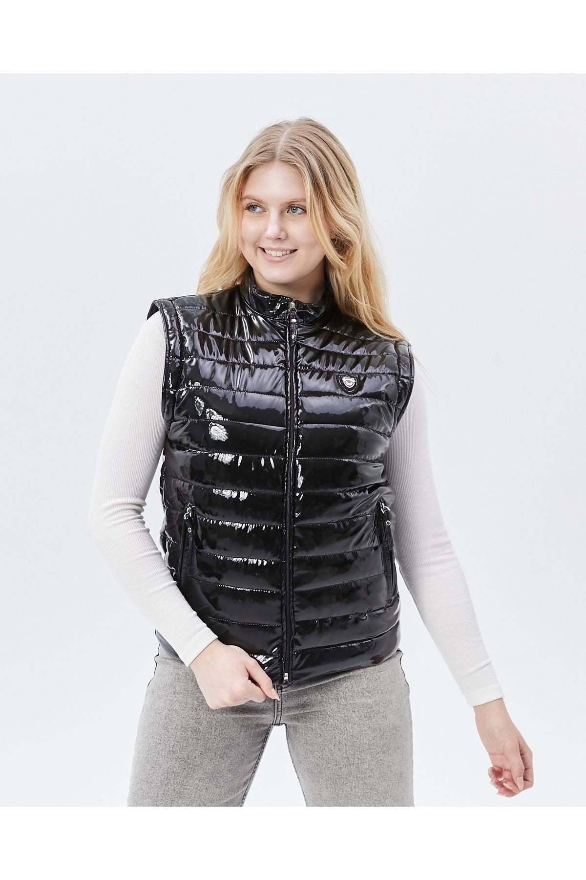 Rugan Deri Yelek Siyah Parlak Kadın