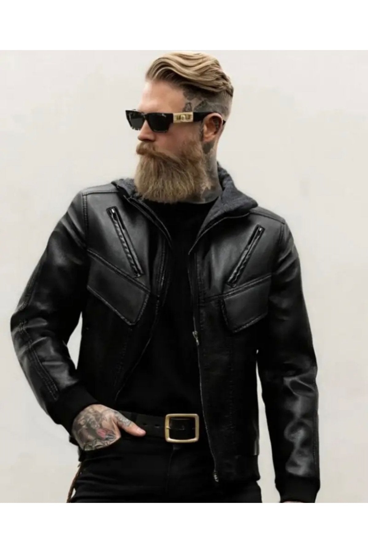 Kapüşonlu Hakiki Deri Kapak Süslü Mont Mat Veya Parlak Seçenekli