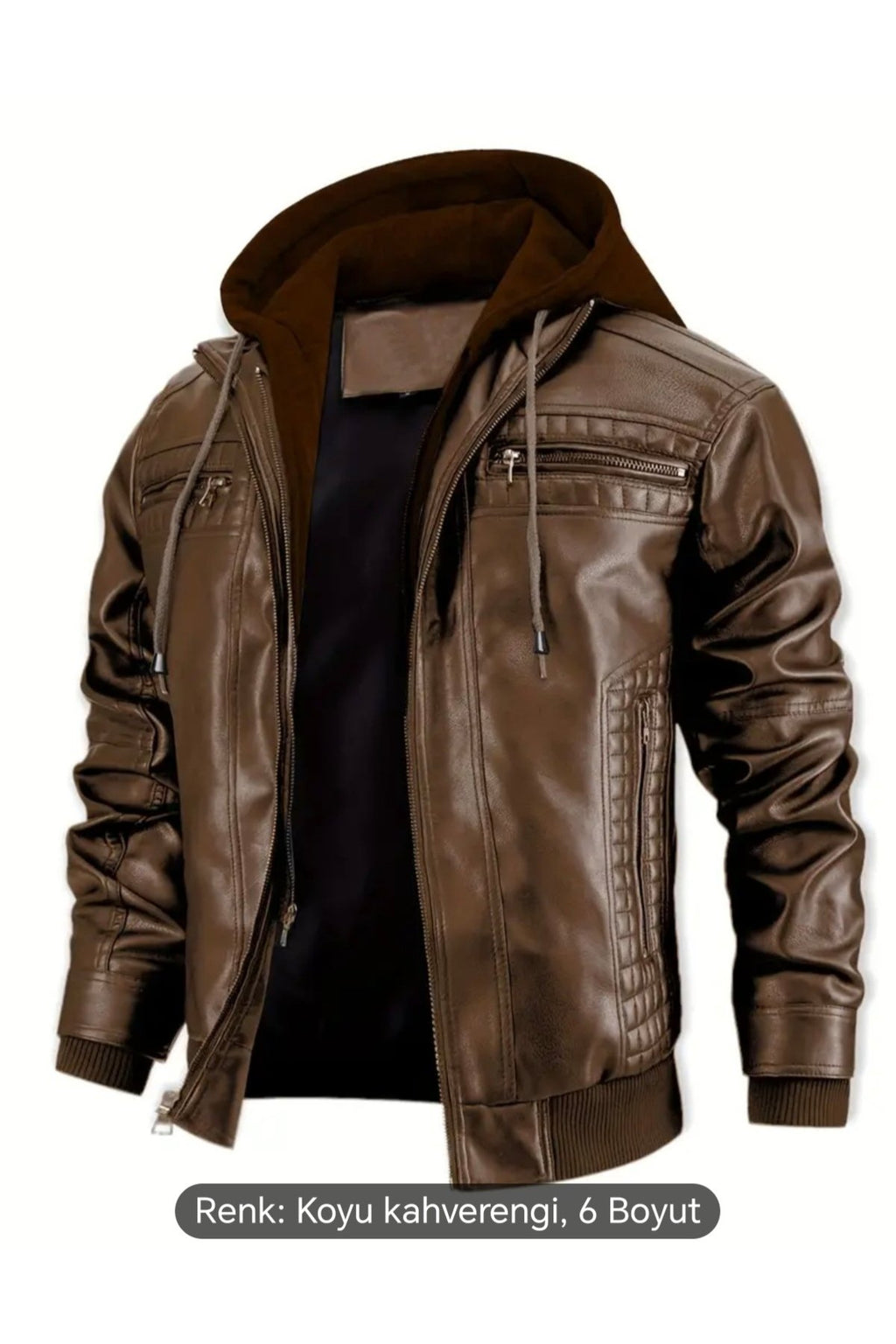 Kapüşonlu hakiki deri dikiş ve ribana detaylı mont