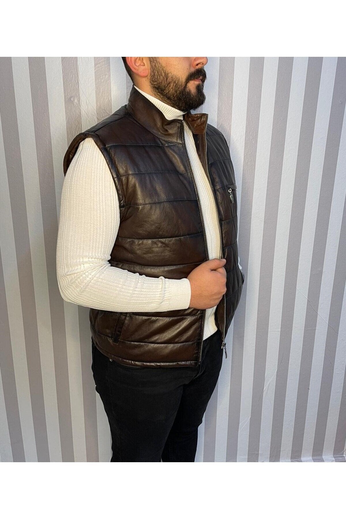 Şişme Hakiki Deri Yelek Karartmalı Kahve Gündelik,Mevsimlik Slim Fit Kesim