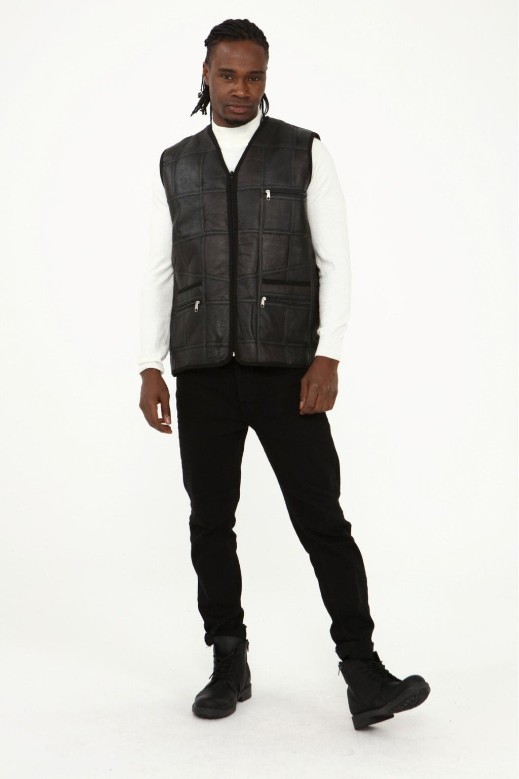 Parçalı Hakiki Deri ve Hakiki Kürk Parçalı yelek Koyu Kahverengi,