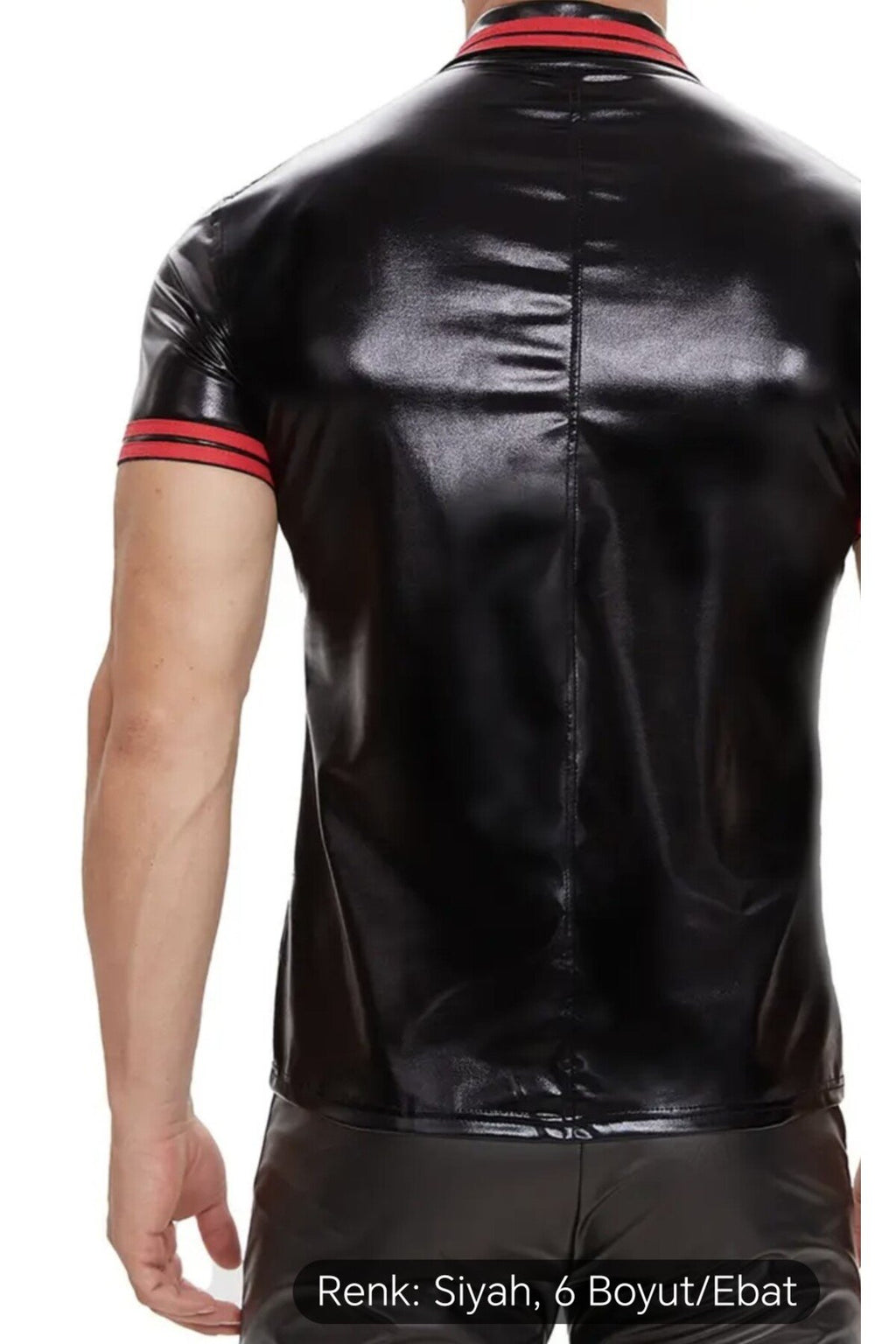 Deri Polo Yaka Tişört Kırmızı şeritli desenli