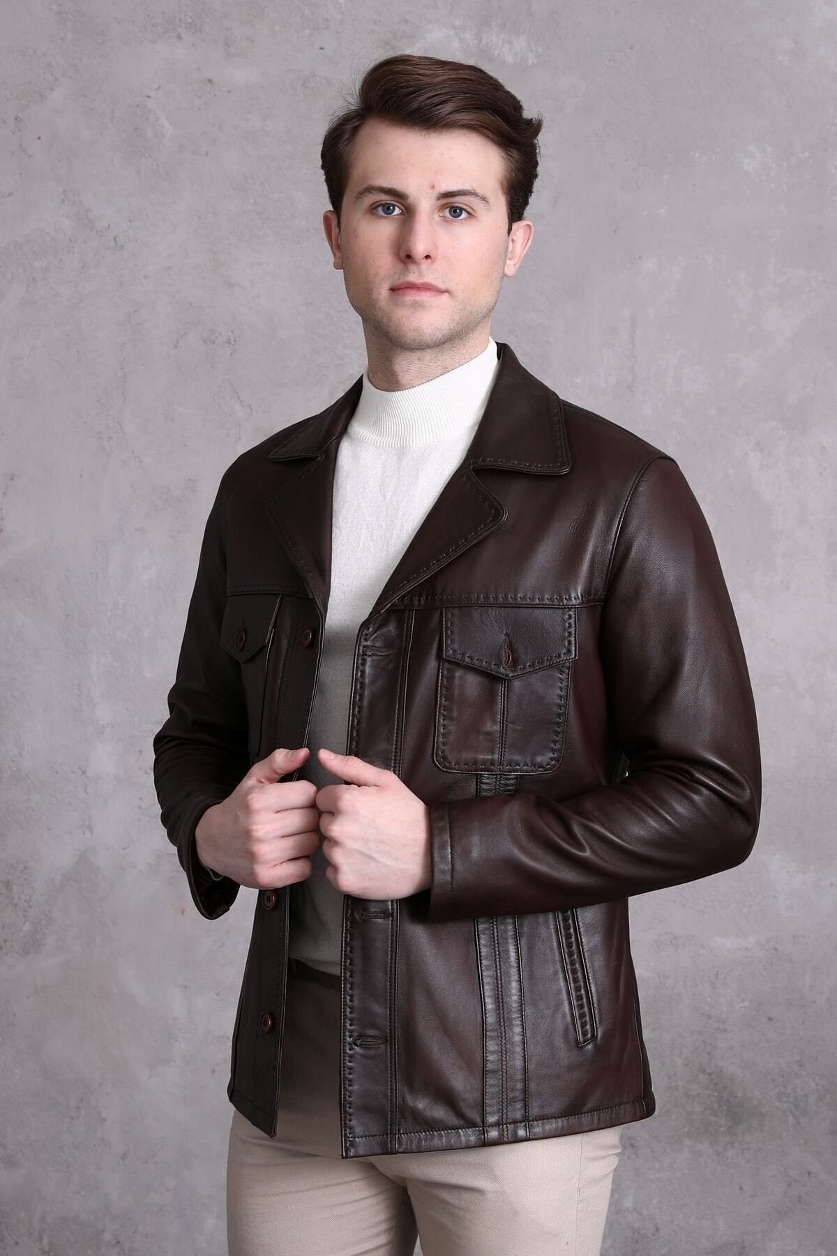 Hakiki Deri Ceket Karartmalı Koyu Kahve