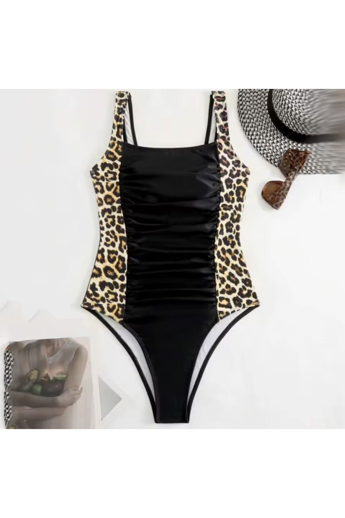 Kare yaka yanları leopar desenli siyah Kadın Mayo