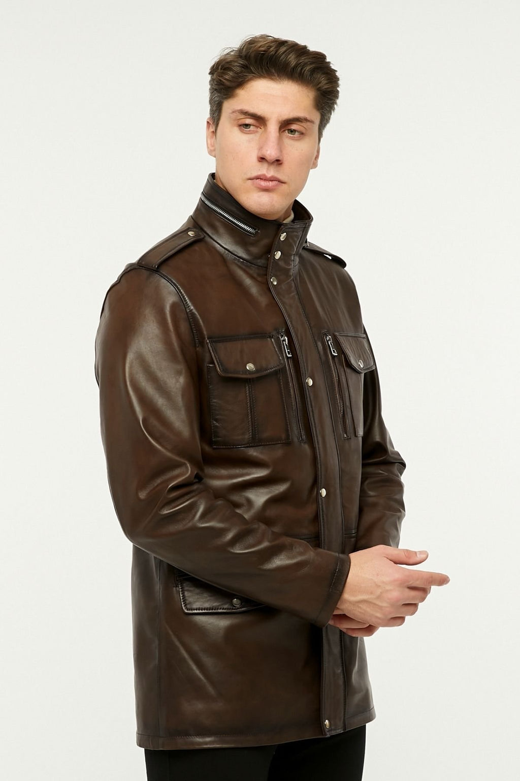 Hakiki deri uzun mont hakim dik yaka kahve renk