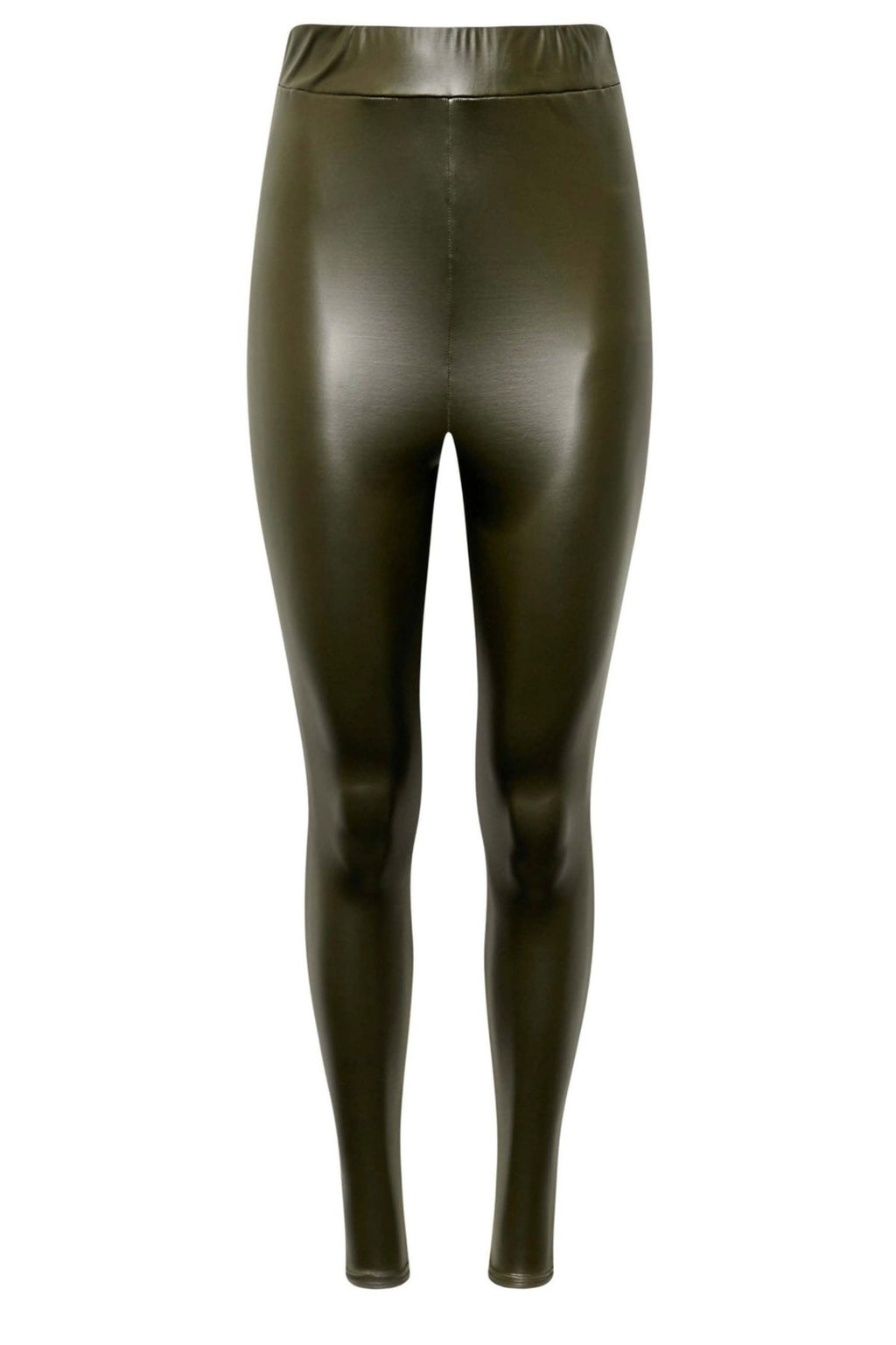 Haki Renk Suni Deri Tayt Yüksek Lastik Bel Dar Paça Esnek