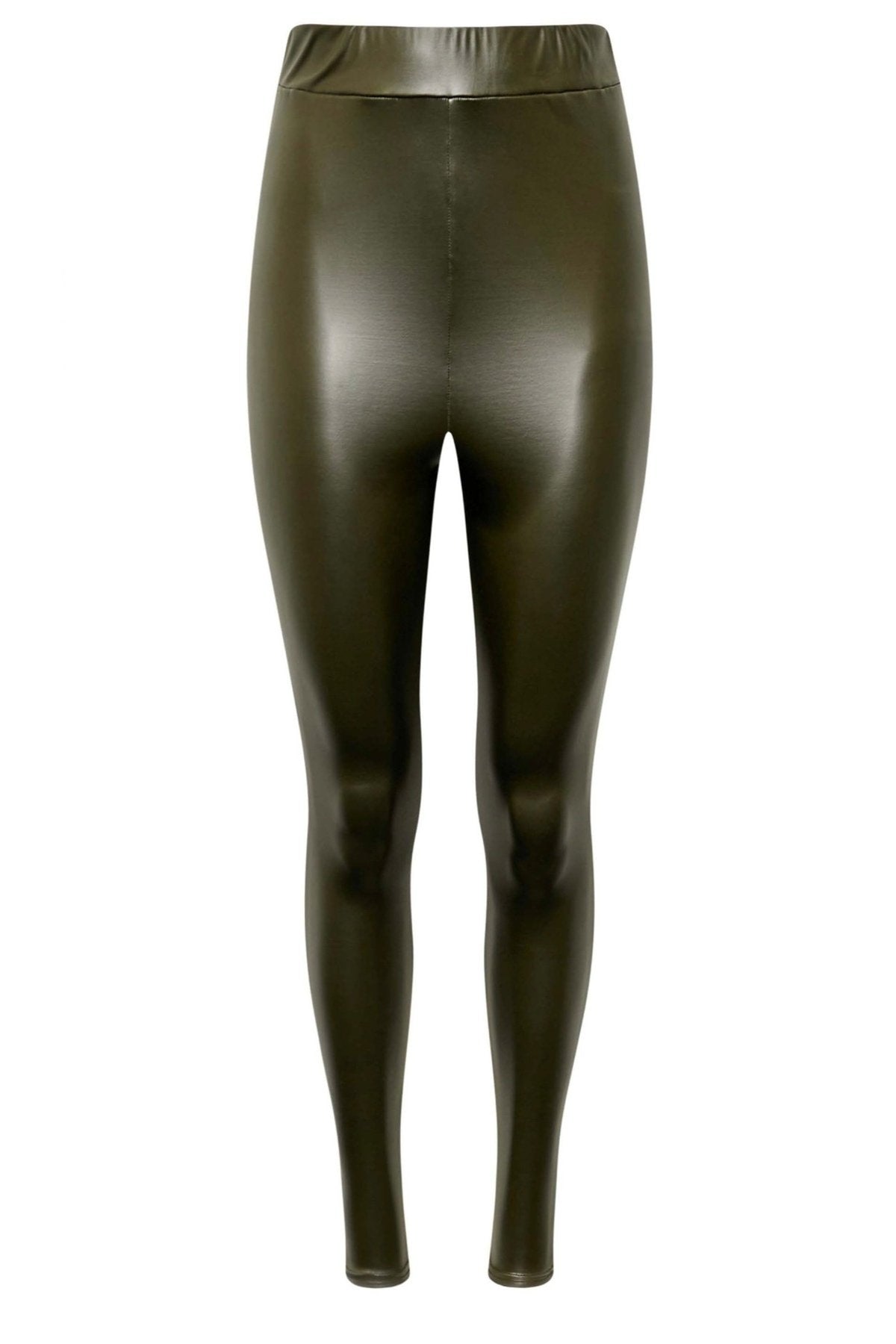 Haki Renk Suni Deri Tayt Yüksek Lastik Bel Dar Paça Esnek