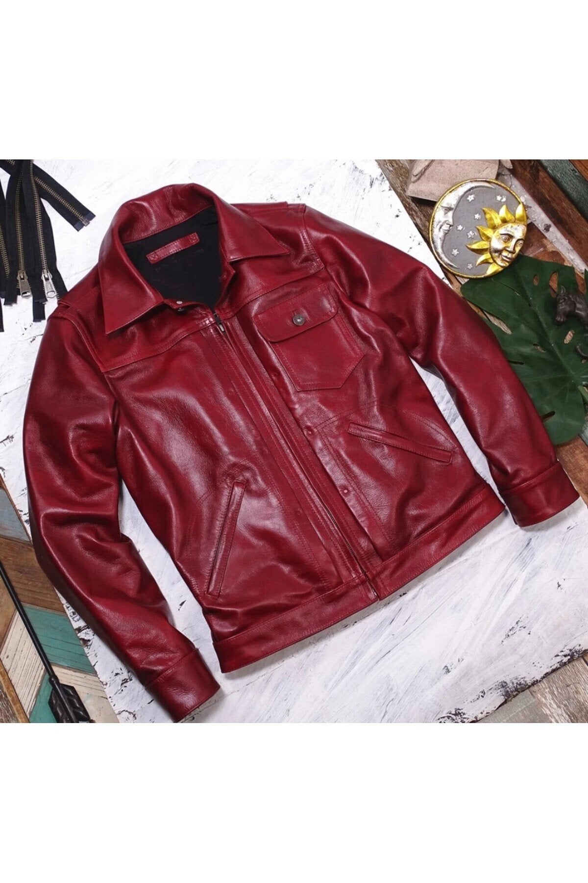 Vintage ceket tarzı şarap kırmızı renk hakiki deri mont