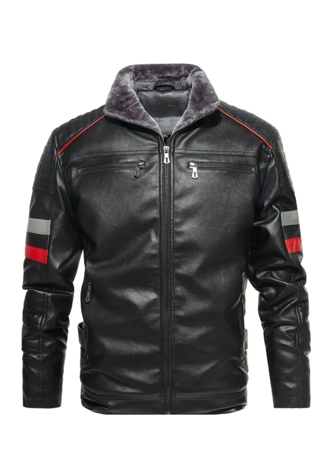 İçi Kürklü Kolları Yatay Kırmızı ve Gri Çizgili Mont