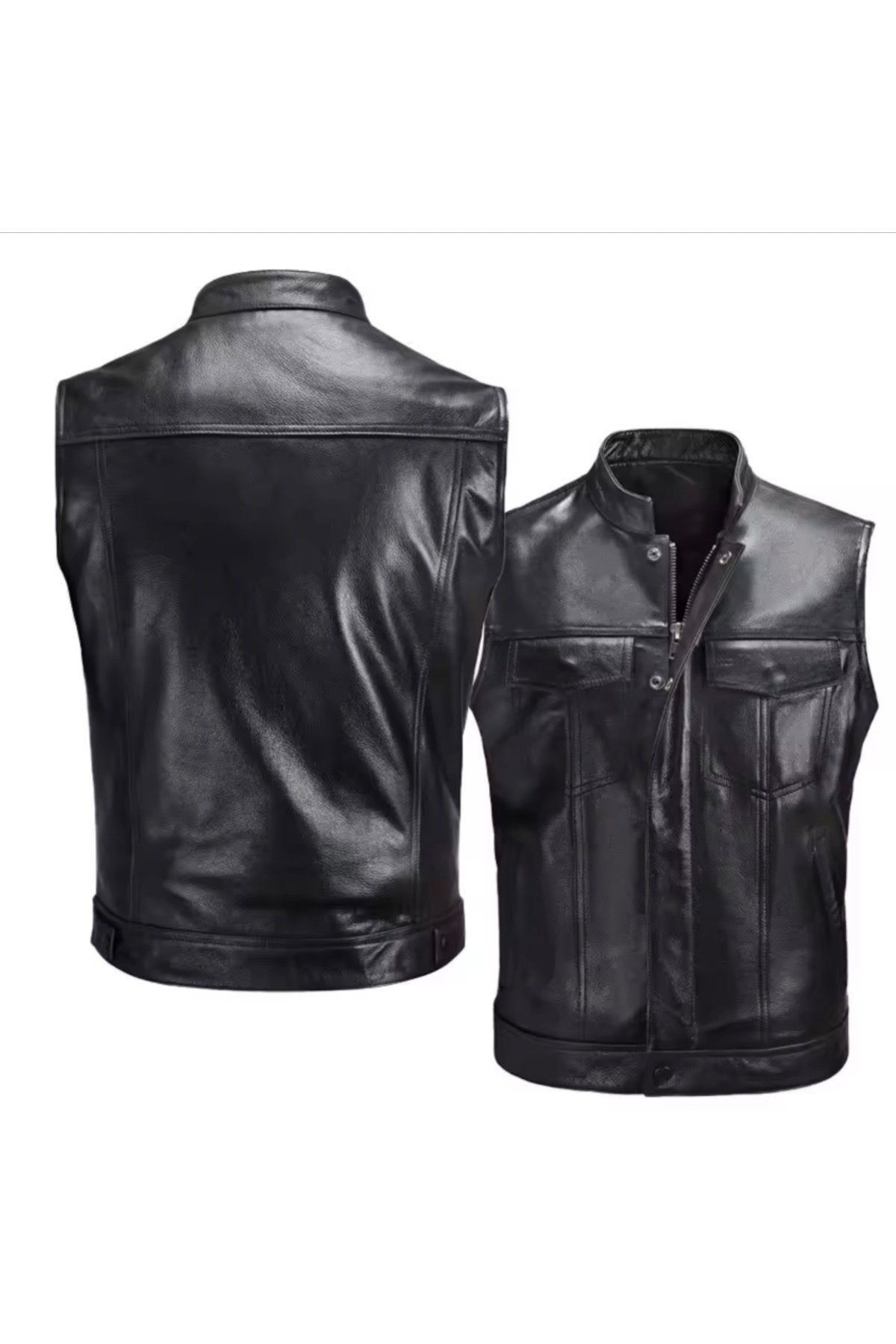 Hakiki deri motorcu tarzı yelek siyah renk cepleri fermuarlı