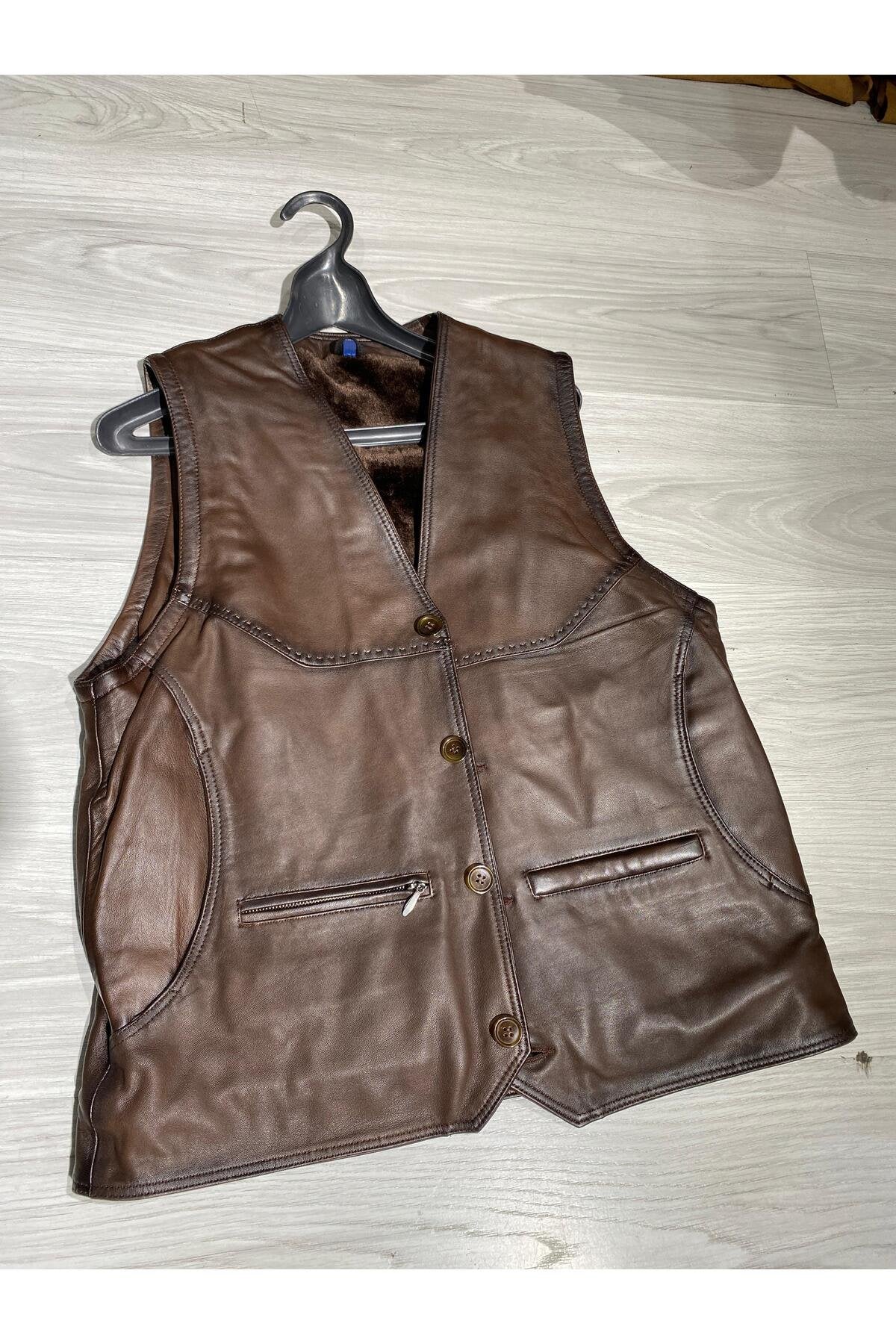 Kürklü Rahat Kesim Uzun Yelek 6 Cepli Hakiki Koyun Derisi