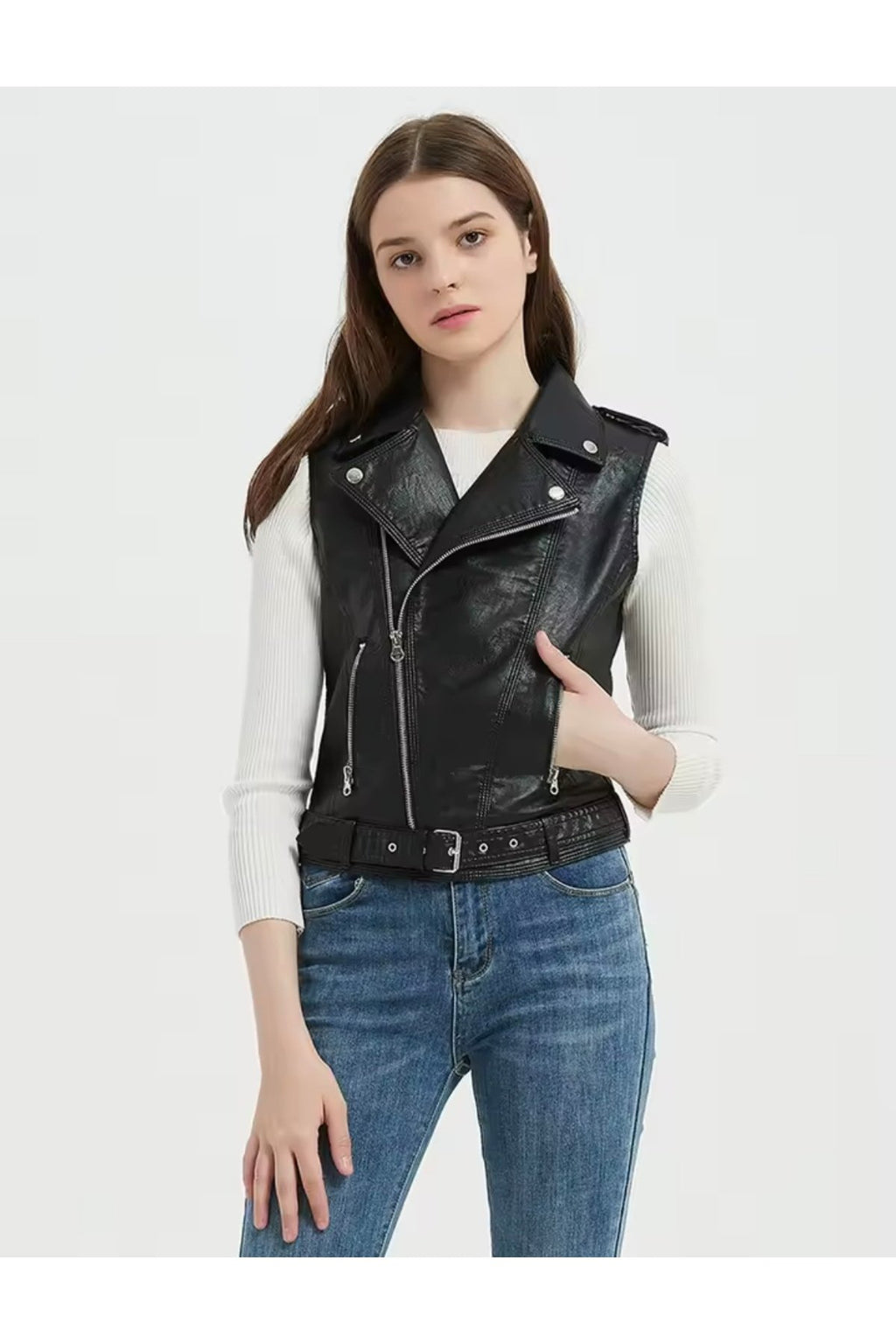 Hakiki kuzu derisi Kadın Motorcu Tarzı Biker Yelek