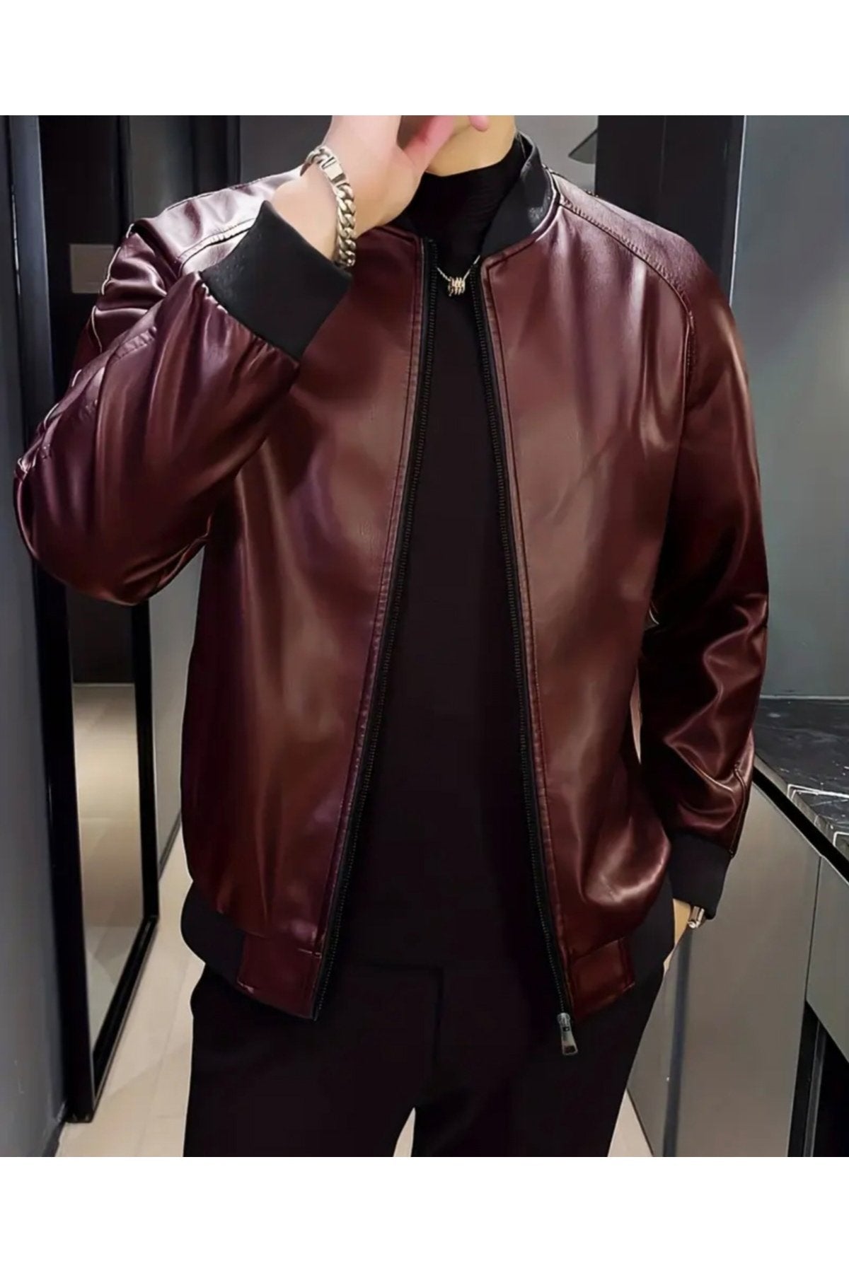 Hakiki Kuzu Derisi Trikolu Spor Ceket Bisiklet Yaka