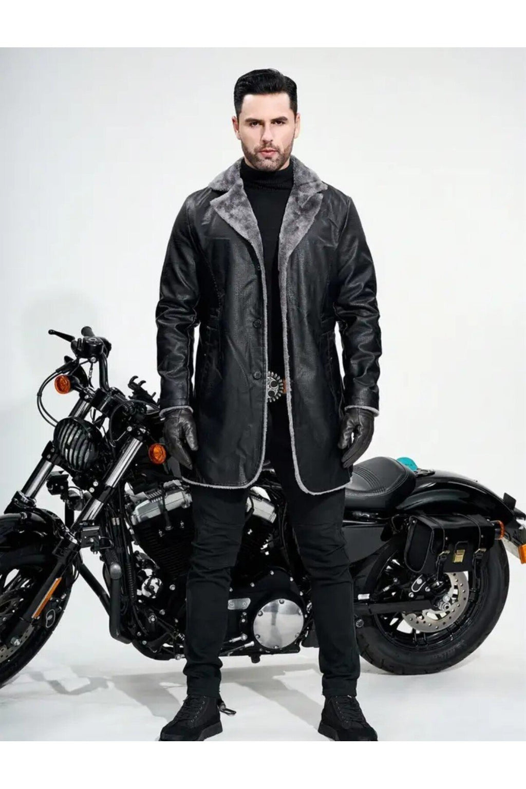 İçi ve Yaka Kenarları Tüylü Uzun Hakiki Deri Kaban