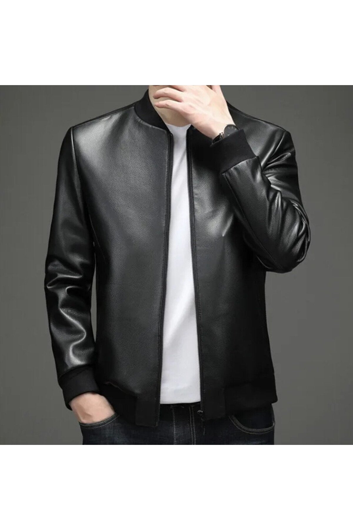 Spor hakiki deri ribanalı ceket