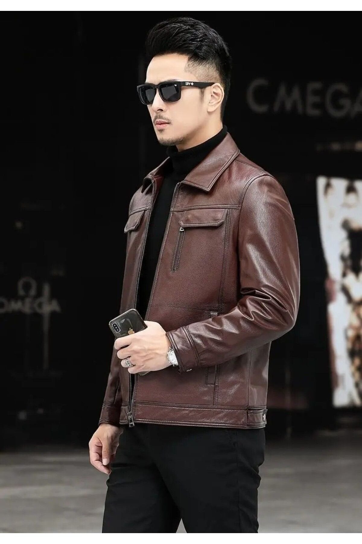 Hakiki deri ceket tarzı mont gömlek yaka