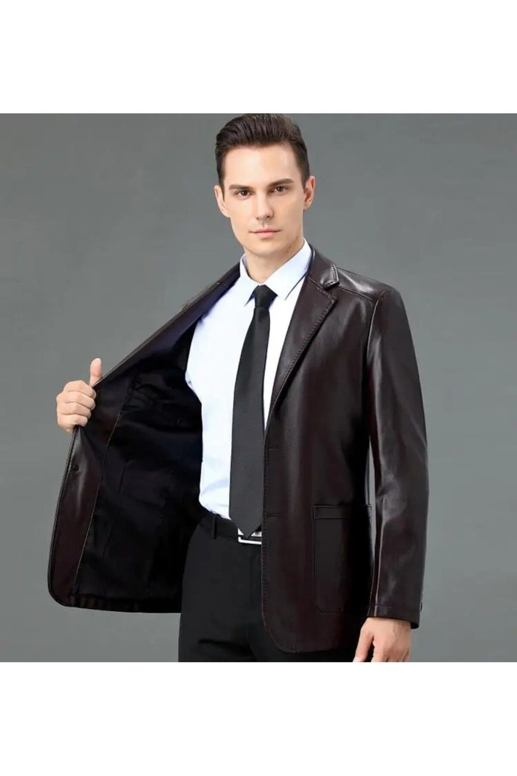 Hakiki deri ince kesit blazer klasik ceket