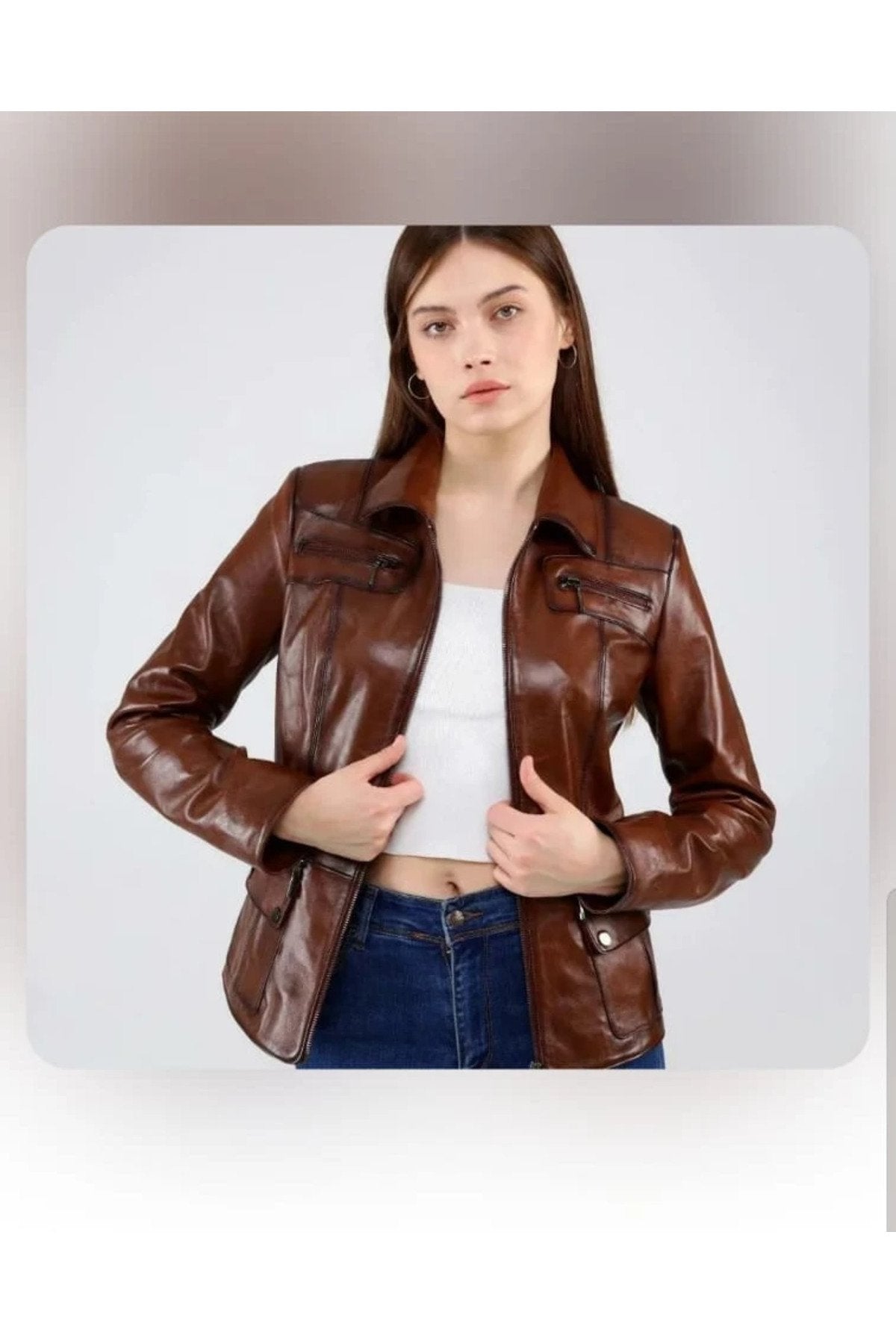 Hakiki deri  ceket tarzı mont kahve renk