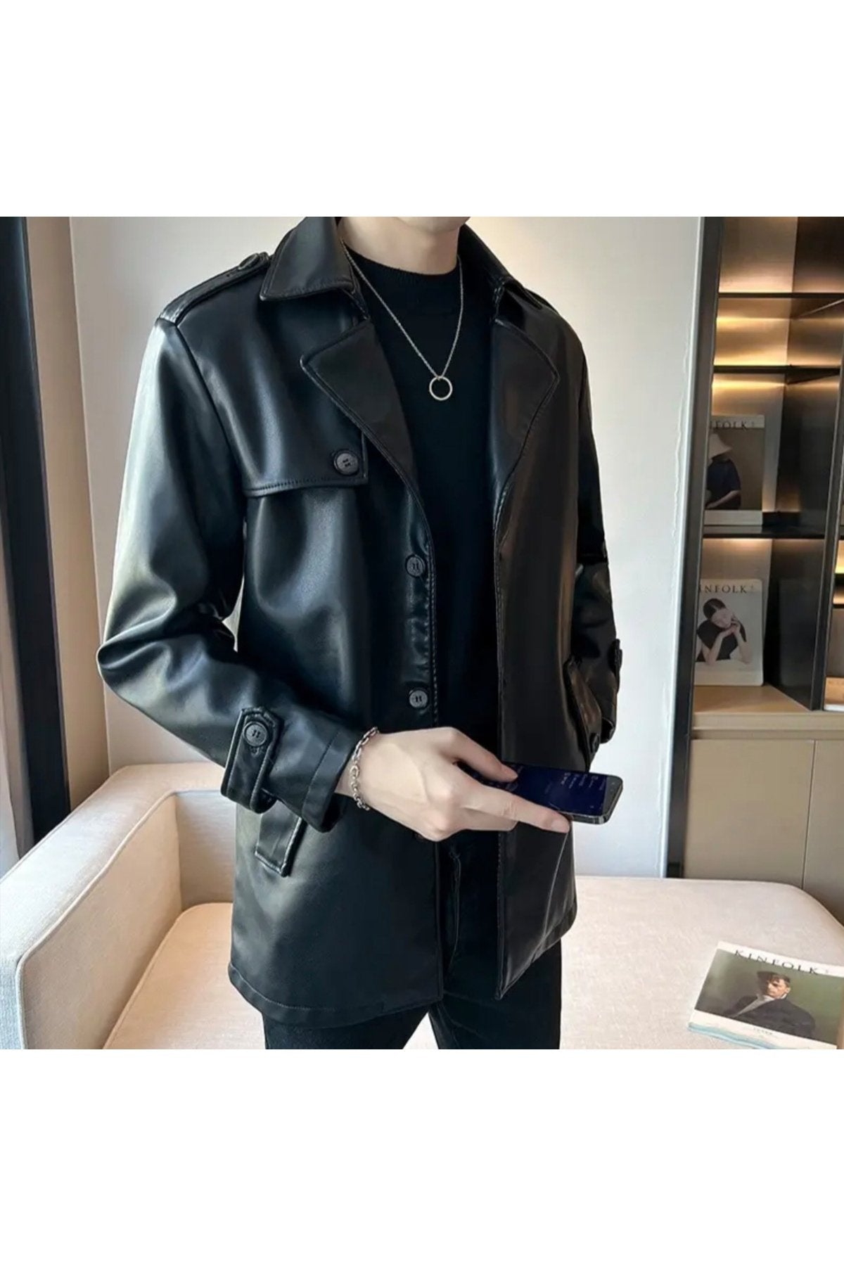 Trençkot Hakiki Kuzu Derisi düğme kapamalı