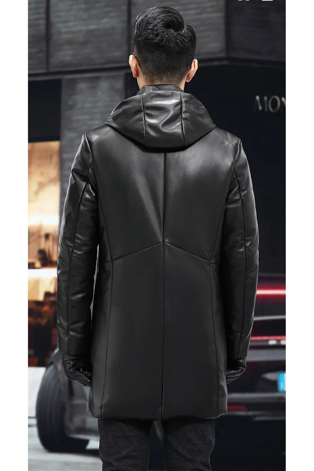 Hakiki Deri Orta Uzunlukta Kapüşonlu Mont Kaban