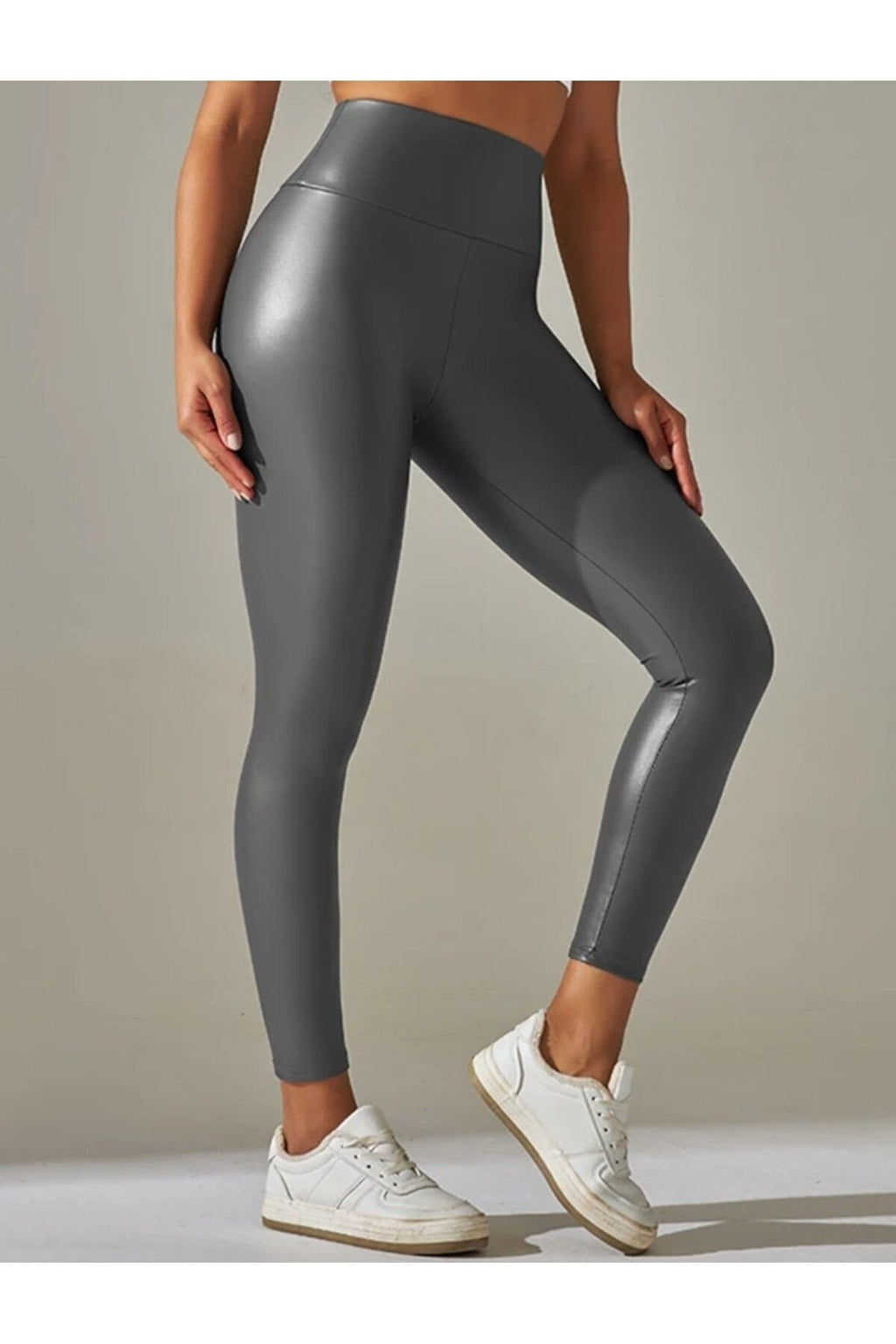 PU Deri Tayt Yüksek Bel koyu gri