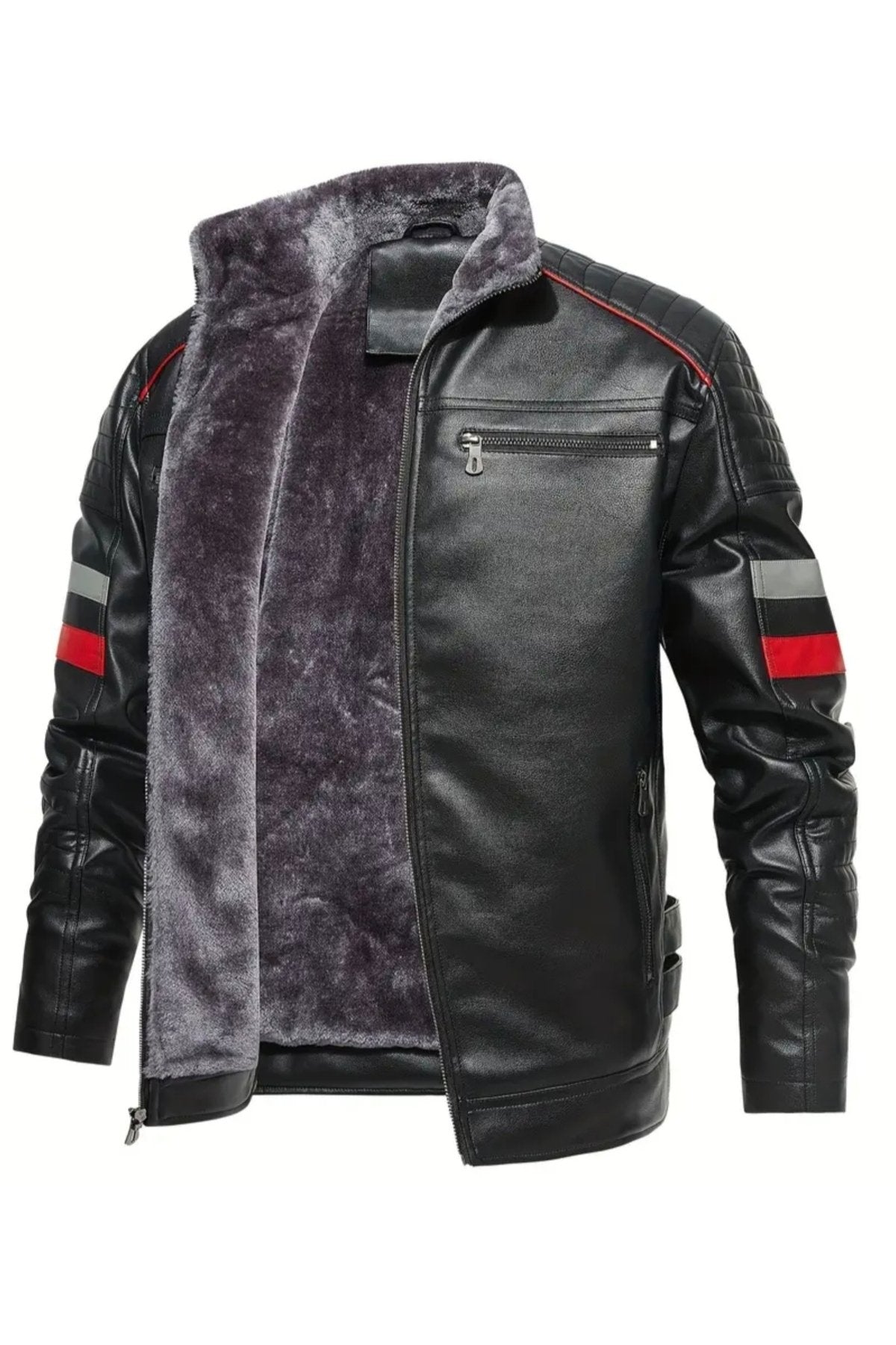 İçi Kürklü Kolları Yatay Kırmızı ve Gri Çizgili Mont