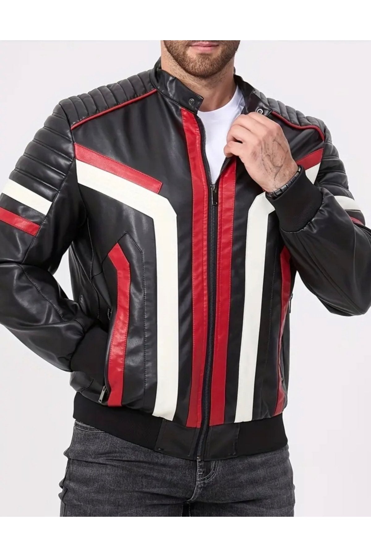 Renk Blok Tanımlı Spor Hakiki Deri Mont