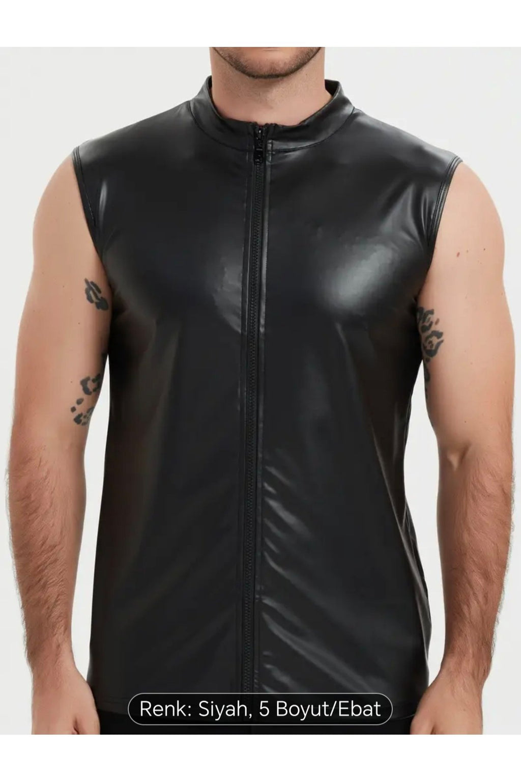 Pu Deri Erkek Yelek Fermuar Kapamalı Dik Yaka