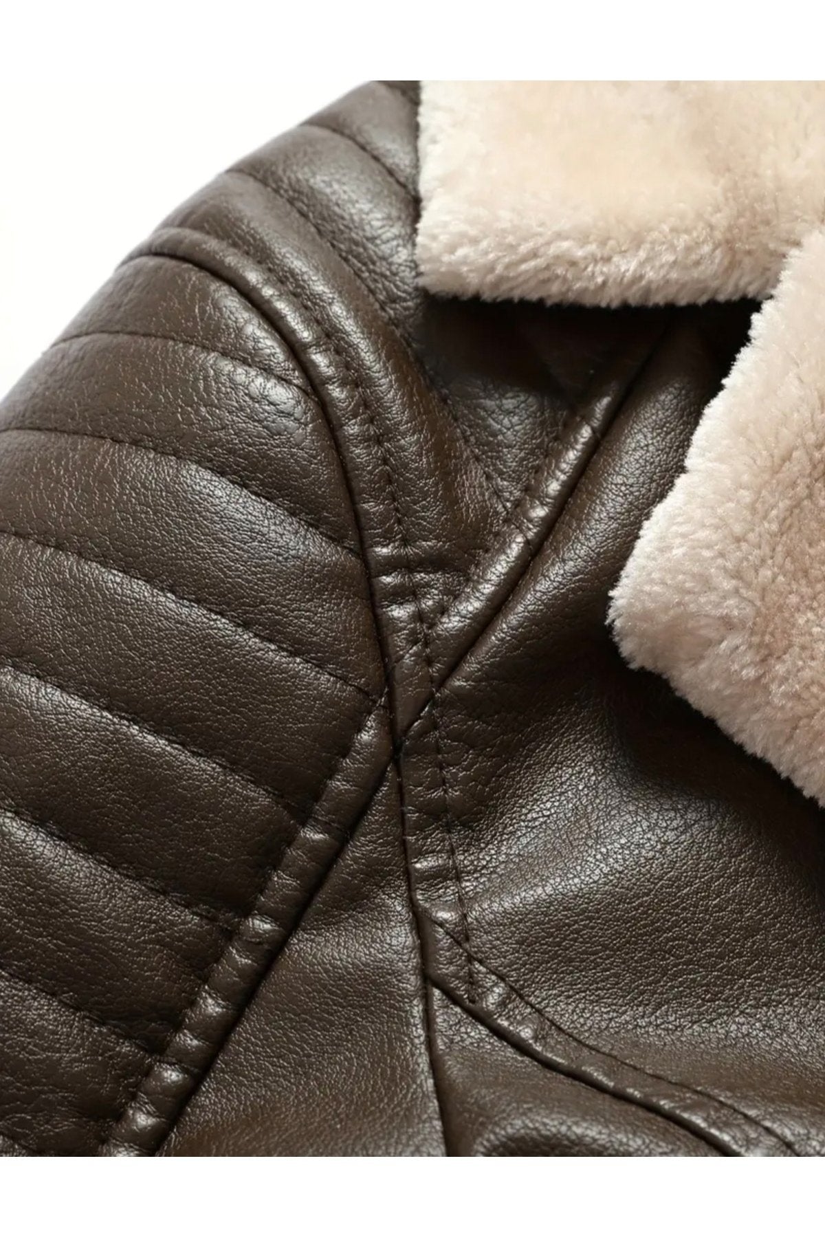 Omuzları Dikiş Detaylı Hakiki Deri, Kürklü ,Uzun Kaban