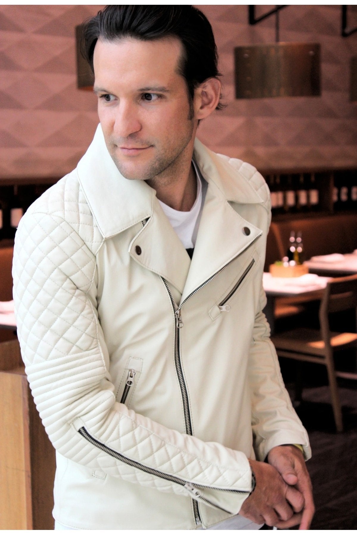 Fil dişi renk Hakiki koyun derisi biker mont