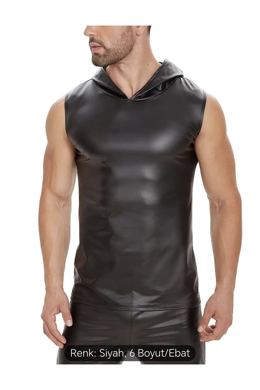 Deri Tişört Kapüşonlu Sıfır Kol Dar Kesim