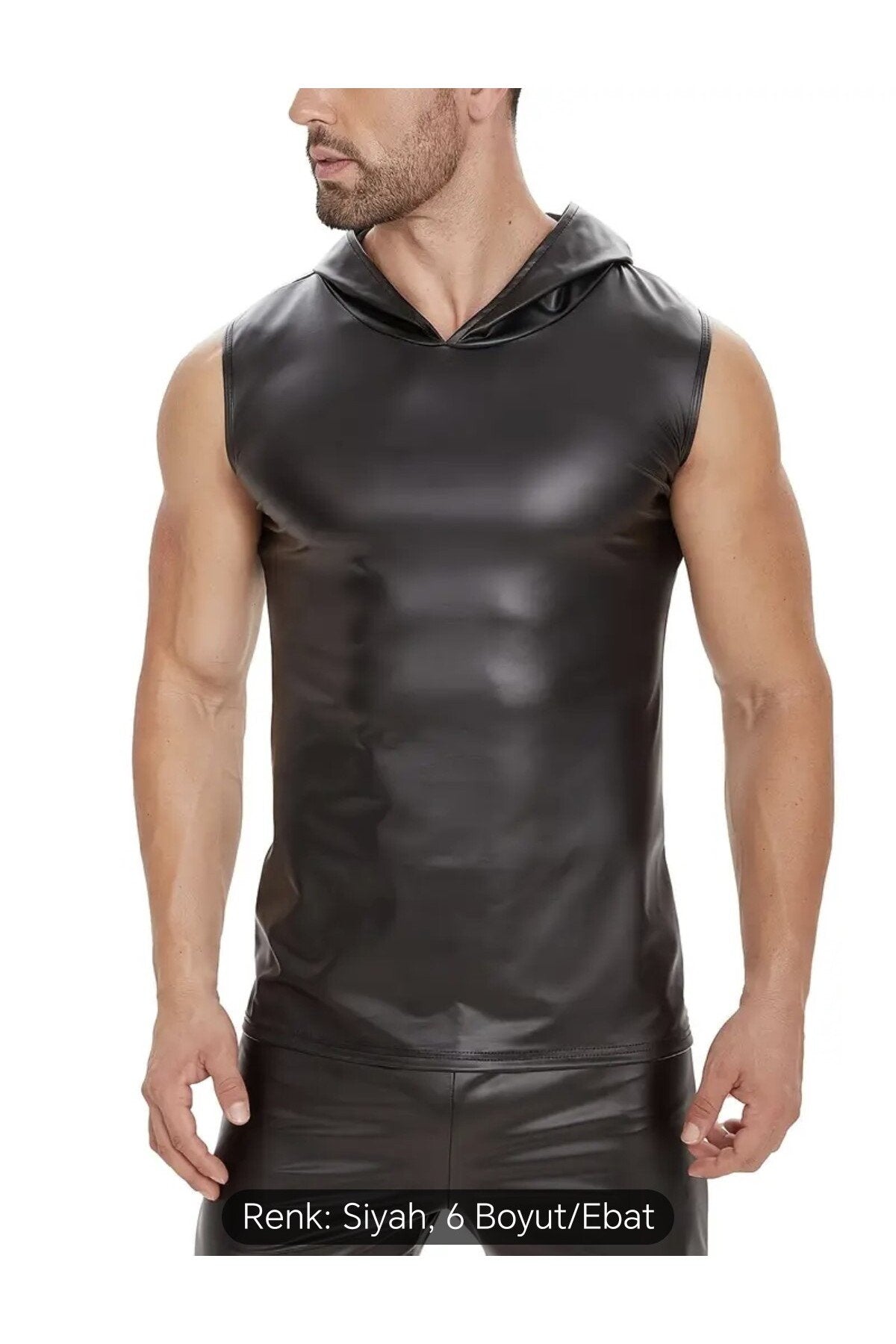 Deri Tişört Kapüşonlu Sıfır Kol Dar Kesim