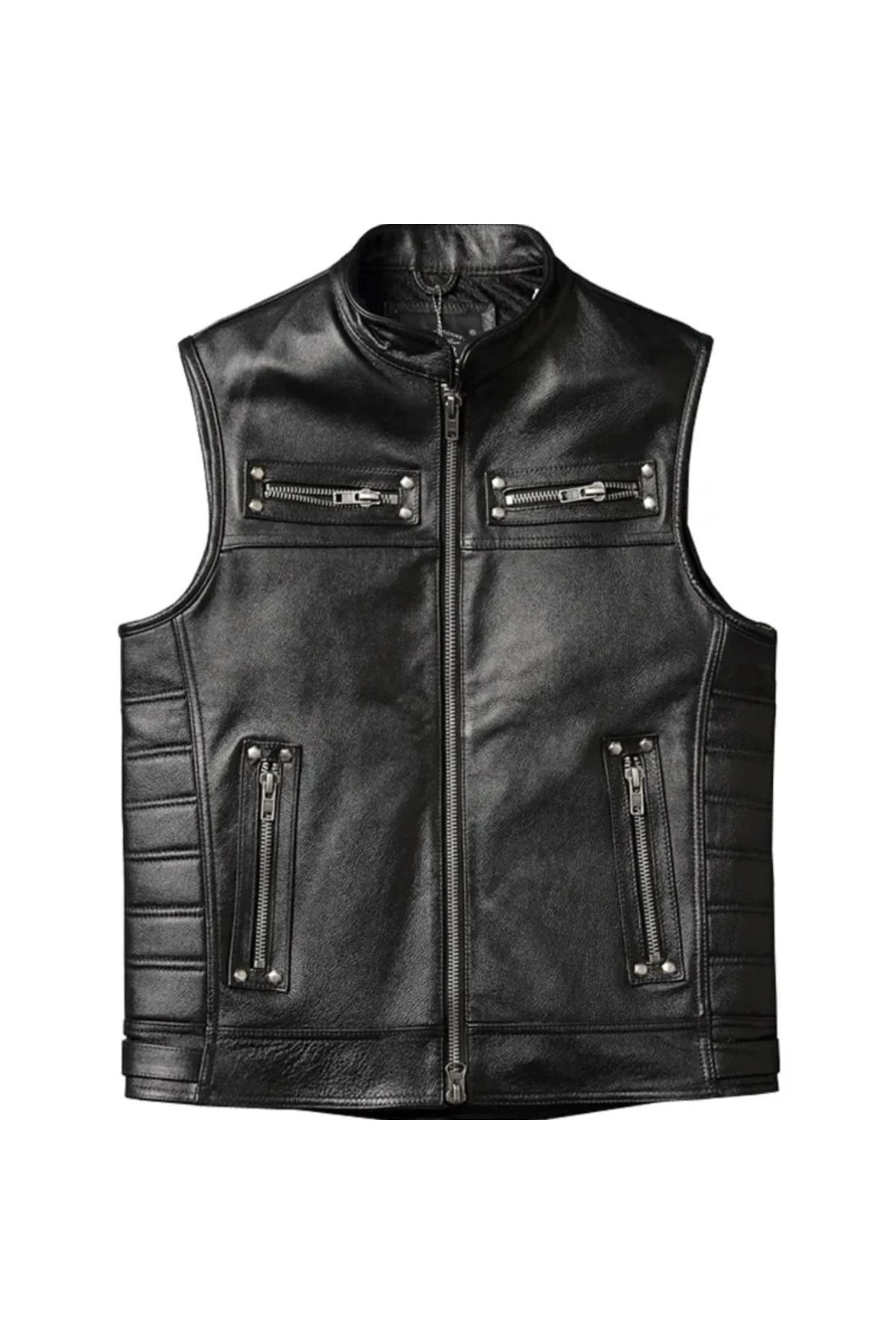 Motorcu yelek siyah renk Hakiki kuzu derisi