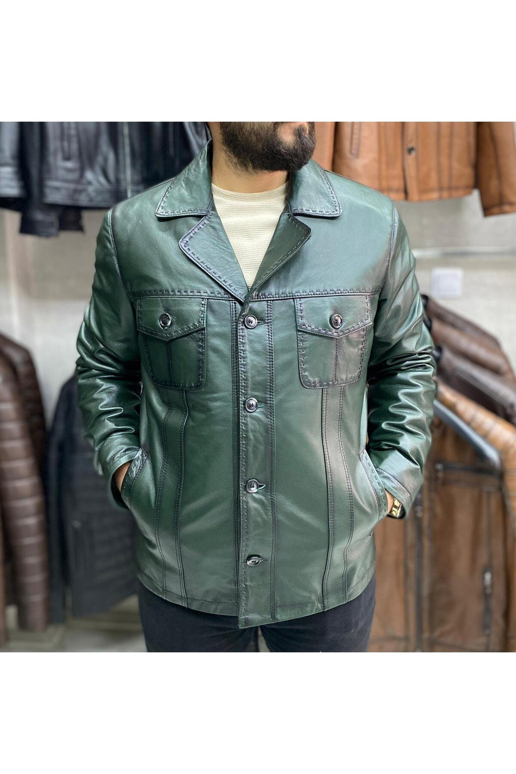 Yeşil Karartmalı Hakiki Deri Ceket Dar Kesim