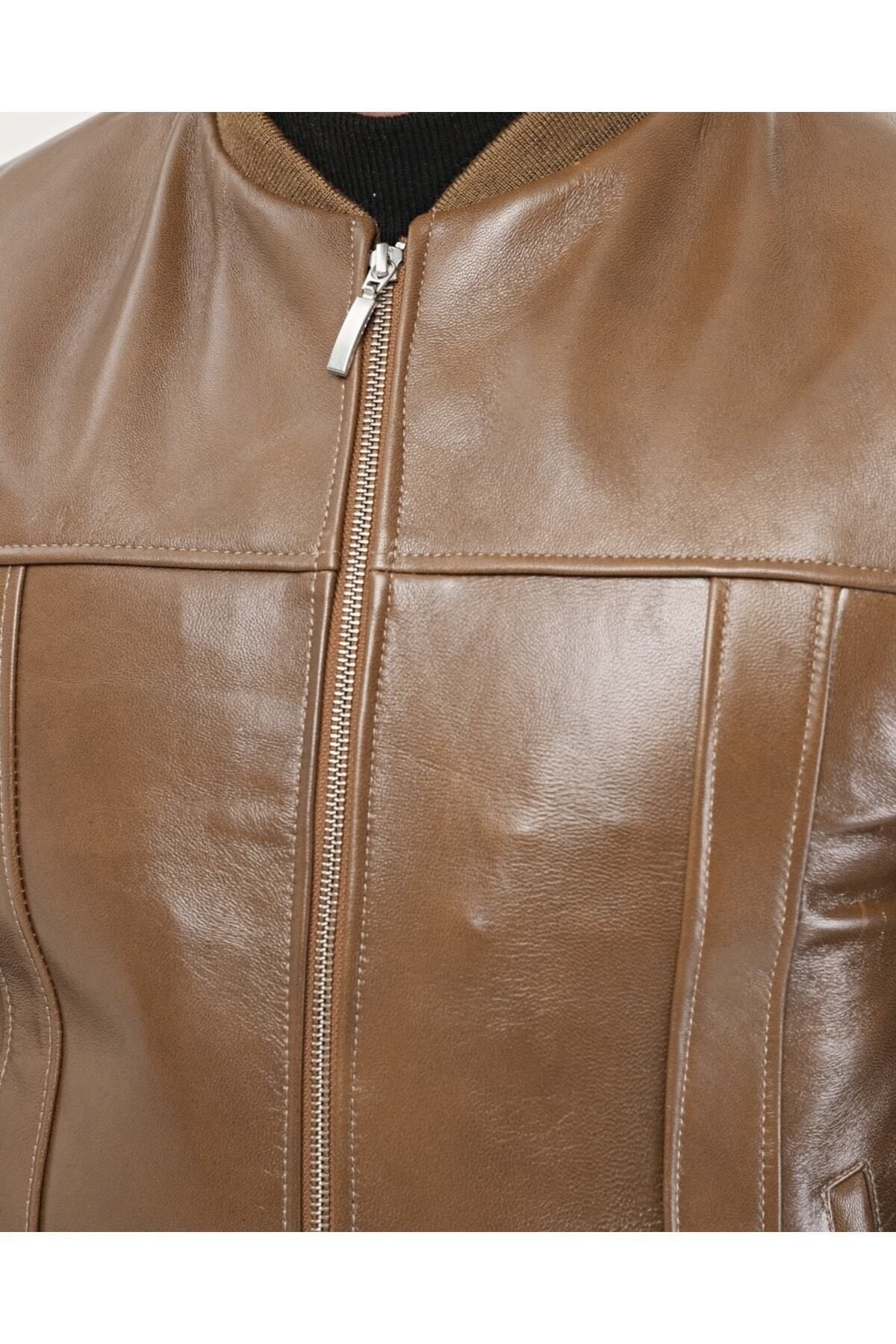 Hakiki Deri Bisiklet Yaka Içi Kürklü Yelek Kahve Renk