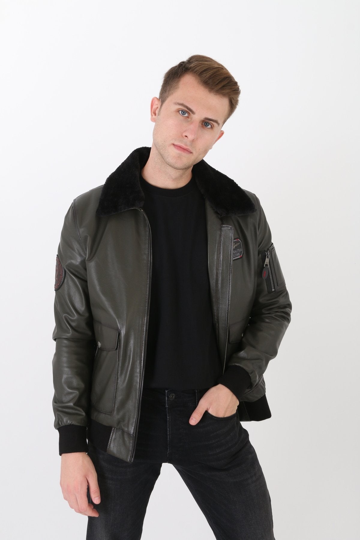 Pilot mont hakiki deri erkek yeşil renk